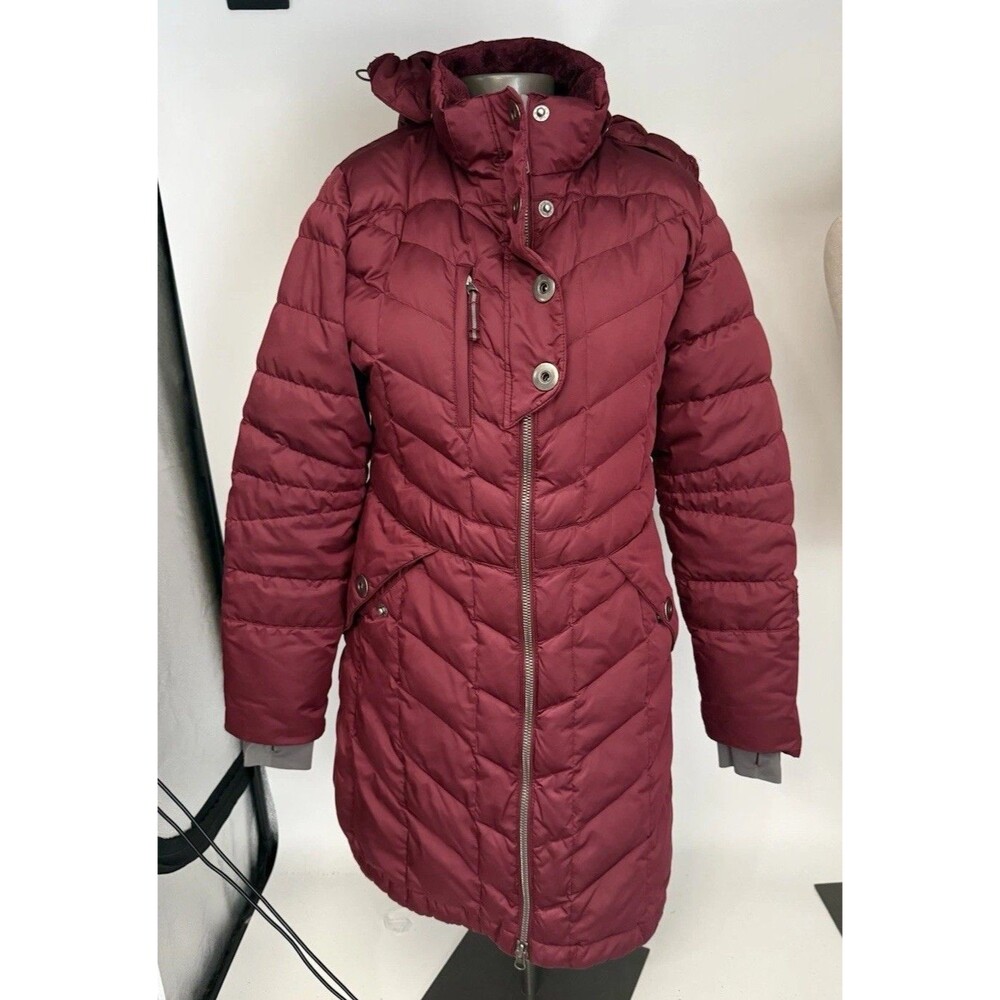 Cabelas Down Jacket Long Coat Women Medium 650 Fill Hooded Quilted Maroon